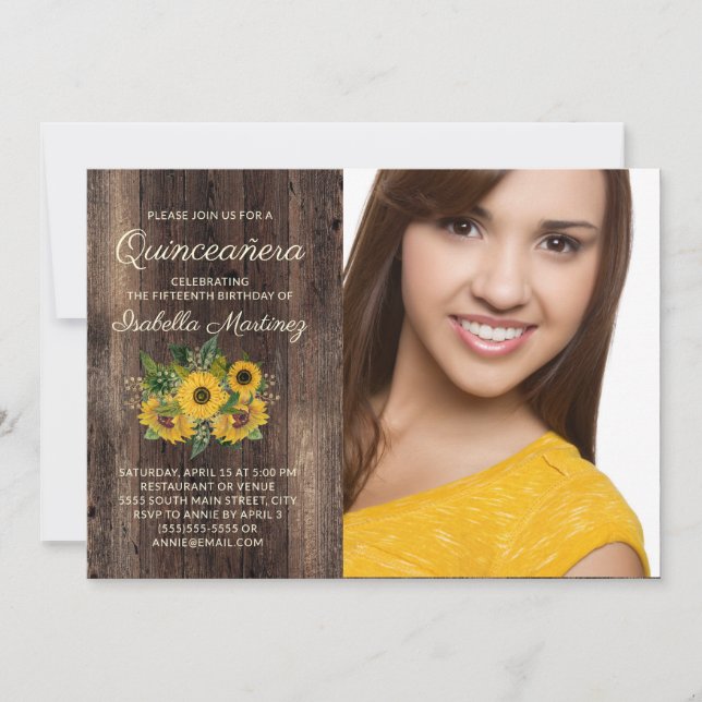 Invitation Tournesols rustiques Grange Bois Quinceañera Photo (Devant)