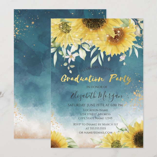 Invitation Tournesols rustiques, Lumières Feuilles Graduation (Devant / Derrière)