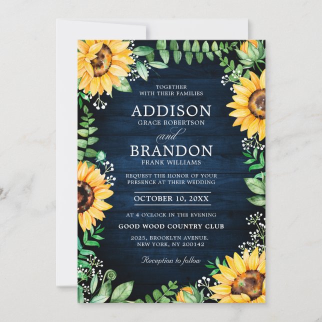 Invitation Tournesols rustiques Mariage bleu marine (Devant)