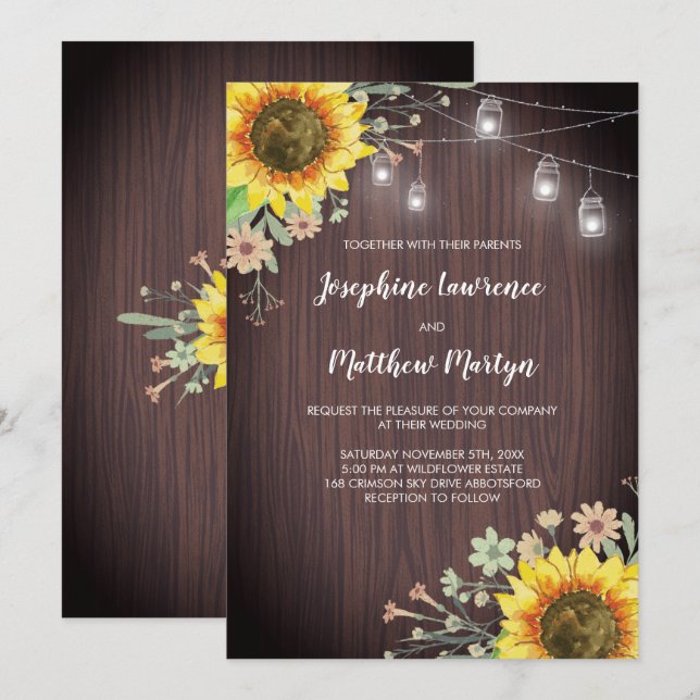 Invitation Tournesols rustiques Mariage de jarre en bois Maso (Devant / Derrière)