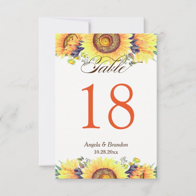 Invitation Tournesols rustiques Mariage élégant Numéro de tab (Devant)
