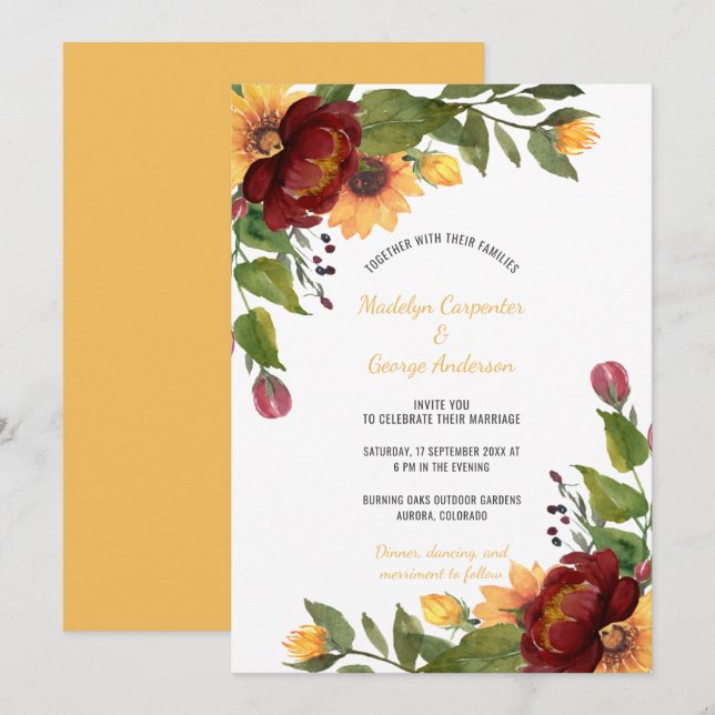 Invitation Tournesols rustiques Mariage floral bordeaux et ja (Devant / Derrière)