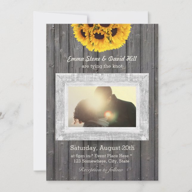Invitation Tournesols rustiques Patiné Mariage photo en bois (Devant)