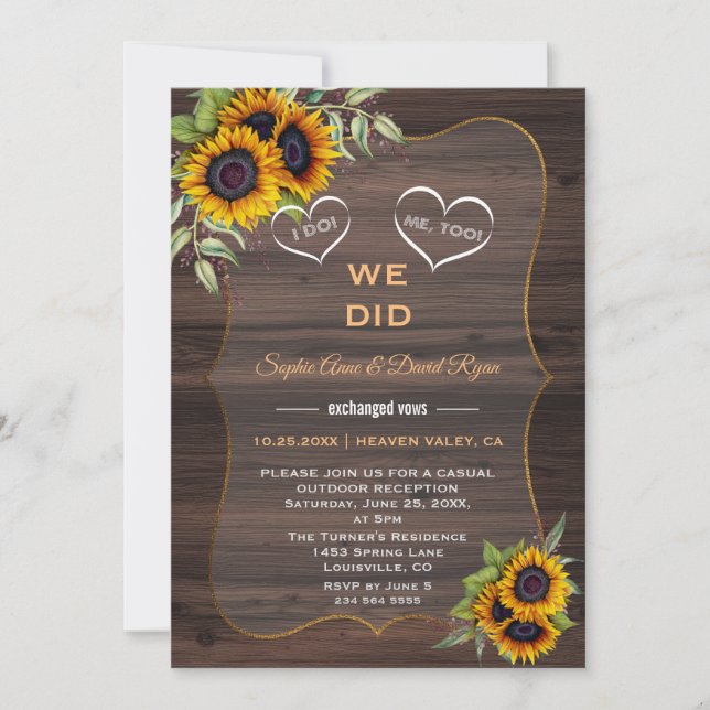 Invitation Tournesols Rustiques Réception en Elopement en Boi (Devant)