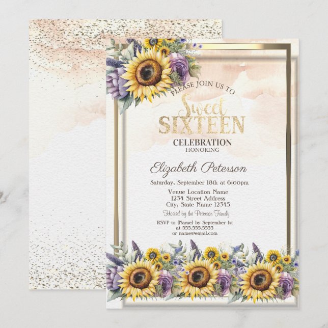 Invitation Tournesols Violet Fleurs Cadre Sweet 16 (Devant / Derrière)