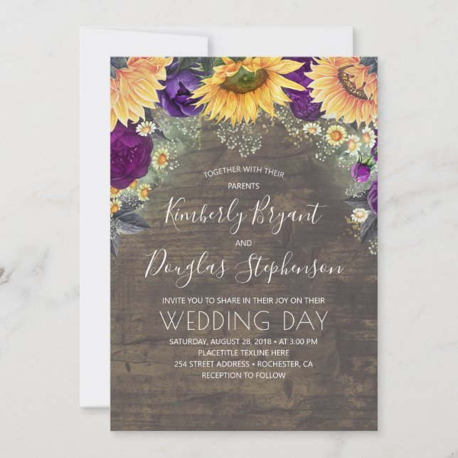 Invitation Tournesols violets Roses marguerites Mariage rusti (Devant)