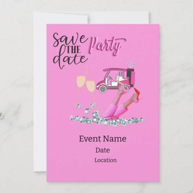 Invitation Tournoi de golf féminin thème rose en voiturette d (Devant)