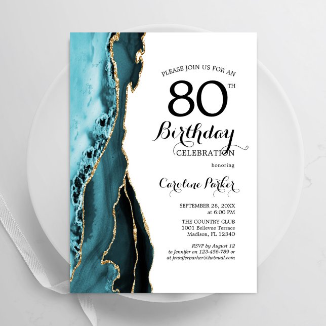 Invitation Tourquoise Agate Blanc Or 80e anniversaire (Créateur téléchargé)
