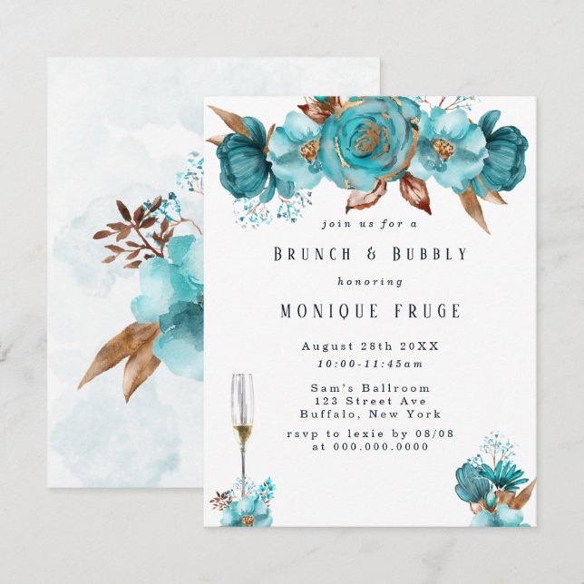 Invitation Tourquoise Gold Peony Frame Brunch & Bubbly Invita (Devant / Derrière)