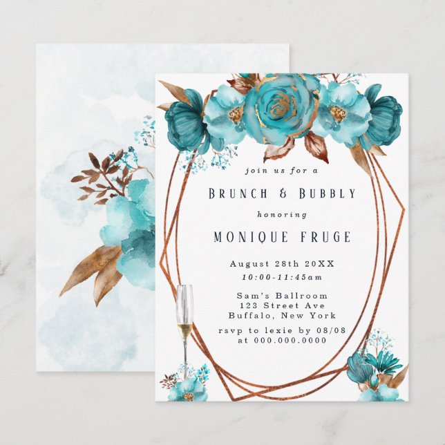 Invitation Tourquoise Gold Peony Frame Brunch & Bubbly Invita (Devant / Derrière)