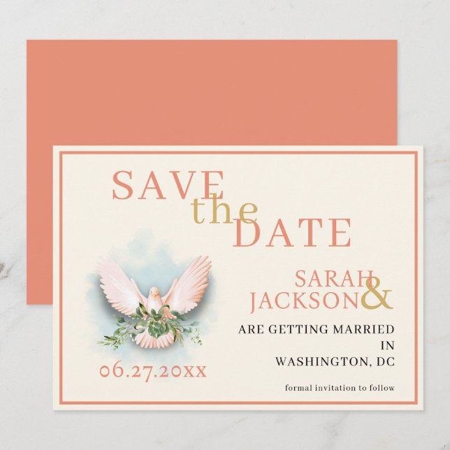 Invitation Tourterelles romantiques Mariage de corail Sauvez  (Devant / Derrière)