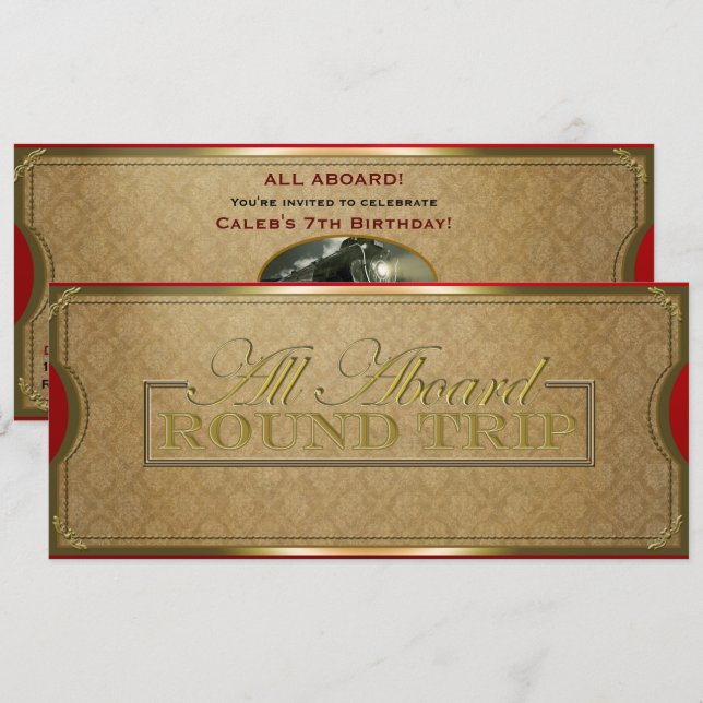 Invitation Tous à bord Red & Gold Christmas Train Party (Devant / Derrière)