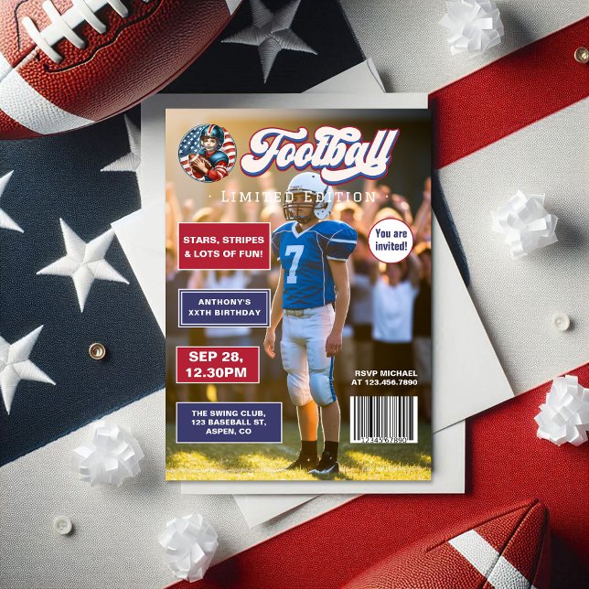 Invitation Tous American Boy Football Magazine Couverture Ann (All American Boy Football Magazine Cover Birthday Invitation)