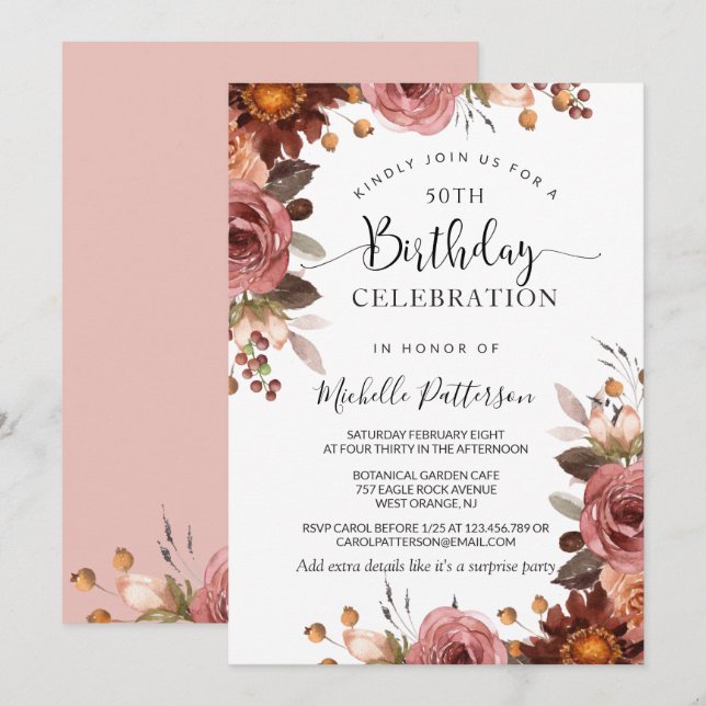Invitation Tous les anniversaires, Mariage floral rose et bor (Devant / Derrière)