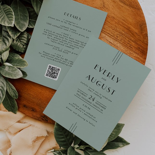 Invitation TOUS les modernes Art Déco Sage Vert QR Code Maria (EVERLY Modern Art Deco Sage Green QR Code Wedding Invitation)