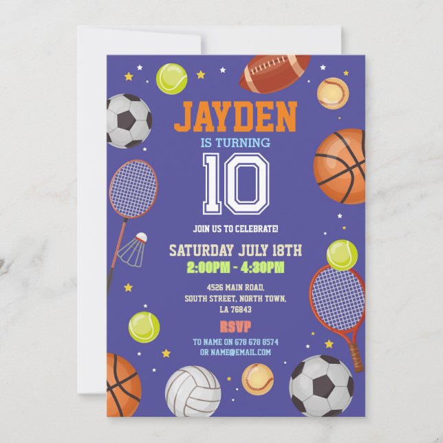 Invitation Tous les sports Blue Anniversaire Fête Football Fo (Devant)