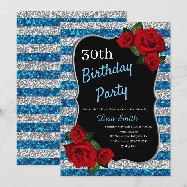Invitation Tout Âge Anniversaire Bleu Et Parties scintillant  (Devant / Derrière)