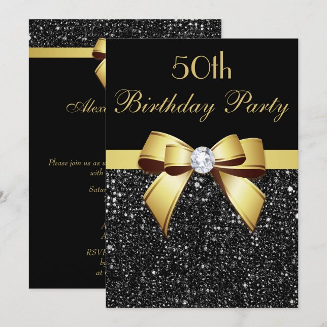 Invitation Tout âge Anniversaire Faux Séquins Bow Black Gold (Devant / Derrière)