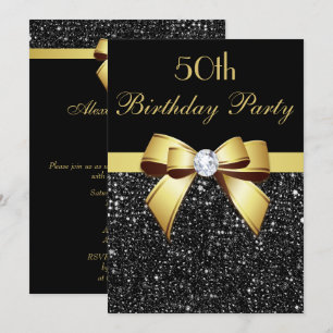 Invitation Tout âge Anniversaire Faux Séquins Bow Black Gold