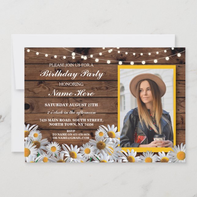 Invitation Tout âge Anniversaire Fête Daisy Bois Photo Invita (Devant)