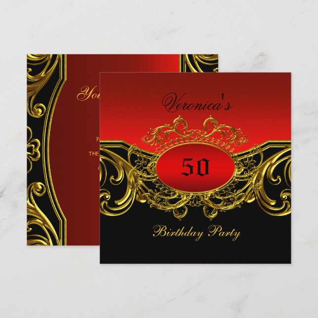Invitation Tout âge Anniversaire Fête Élégant Rouge Noir Or (Devant / Derrière)