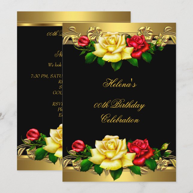 Invitation Tout âge Anniversaire Fête Élégant Rouge Or Roses  (Devant / Derrière)