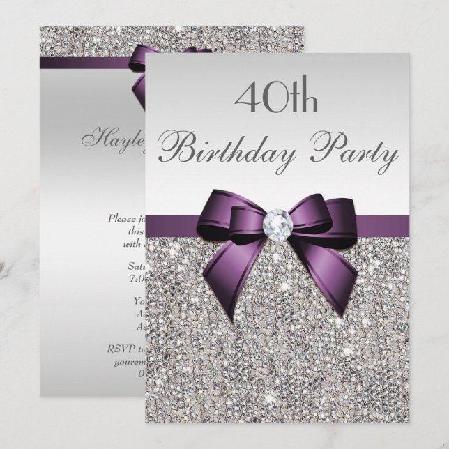 Invitation Tout âge Anniversaire Fête Silver Sequin Purple Bo (Devant / Derrière)