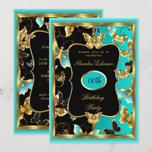 Invitation Tout âge Anniversaire Fête Turquoise Bleu Bleu Pap (Devant / Derrière)