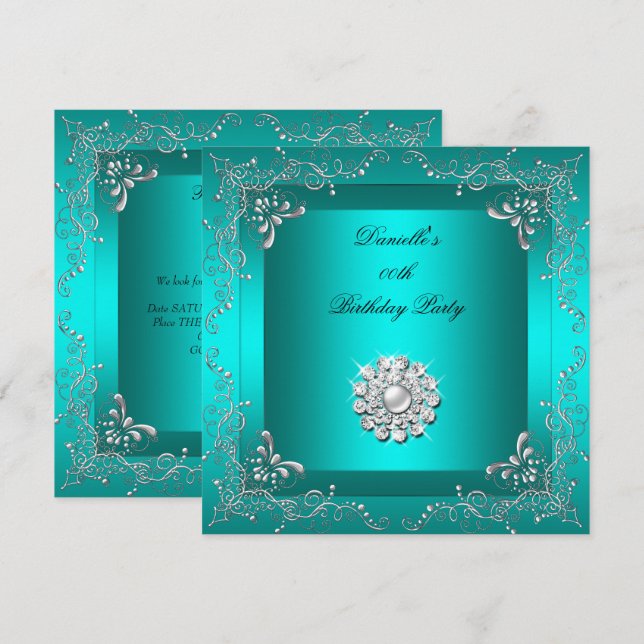 Invitation Tout âge Anniversaire Fête Turquoise Diamant Bleu  (Devant / Derrière)