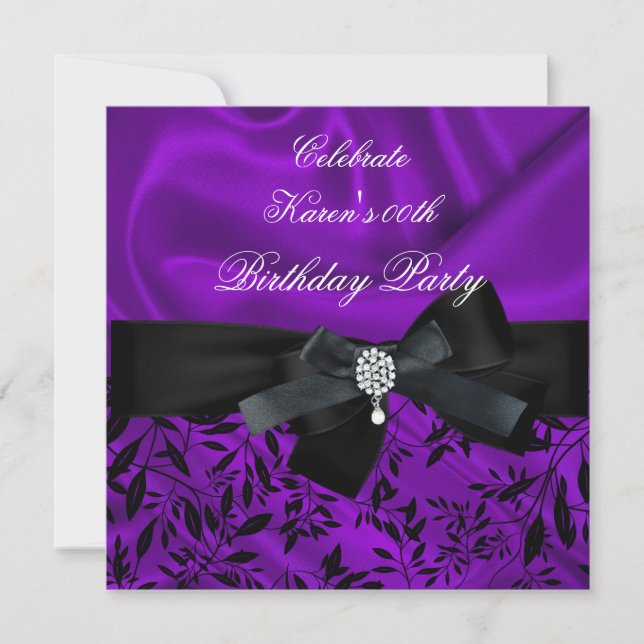 Invitation Tout âge Anniversaire Fête Violet Damas Noir Blanc (Devant)
