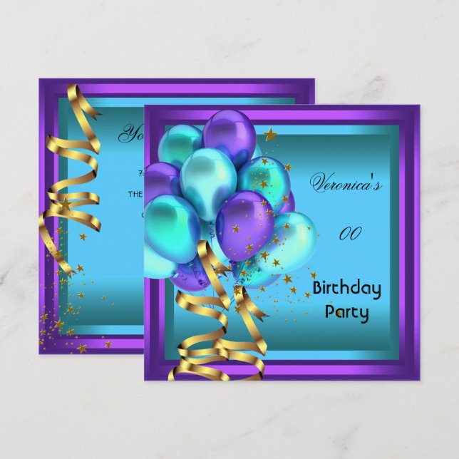 Invitation Tout âge Anniversaire Fête Violet Turquoise Ballon (Devant / Derrière)