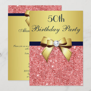Invitation Tout âge Anniversaire Gold Navy Coral Sequals Bow