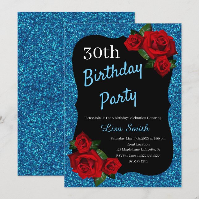 Invitation Tout âge Anniversaire Parties scintillant Bleue Ro (Devant / Derrière)
