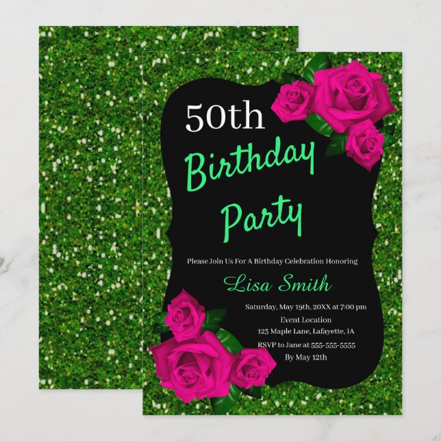 Invitation Tout âge Anniversaire Parties scintillant verte Ro (Devant / Derrière)