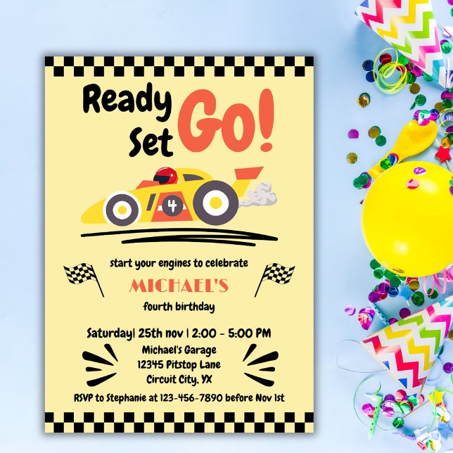 Invitation Tout âge Anniversaire Prêt Partir Jaune Voiture De (Créateur téléchargé)