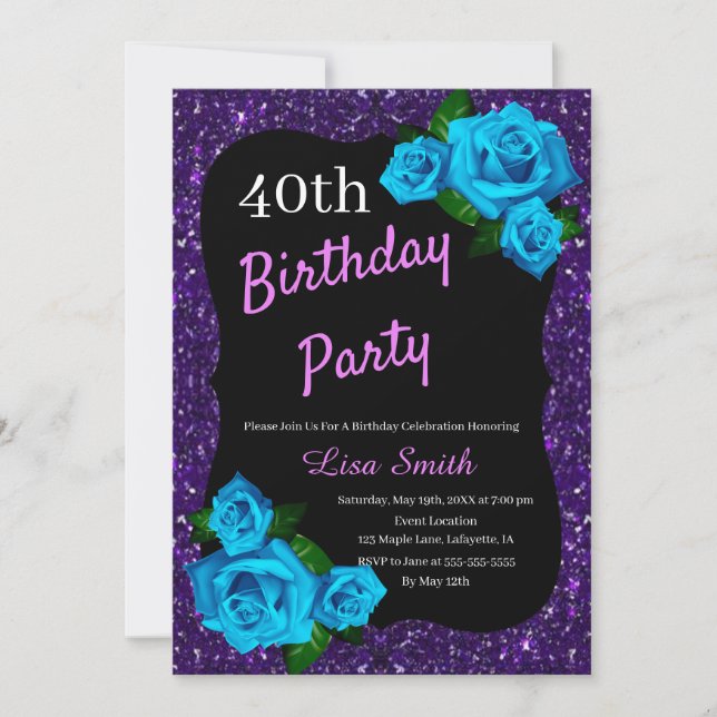 Invitation Tout âge Anniversaire Violet Parties scintillant B (Devant)