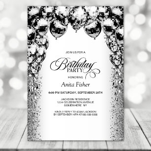 Invitation Tout âge Ballons noirs et blancs fête d'anniversai