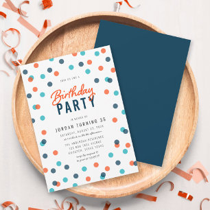 Invitation Tout âge bleu foncé orange Confetti fête d'anniver