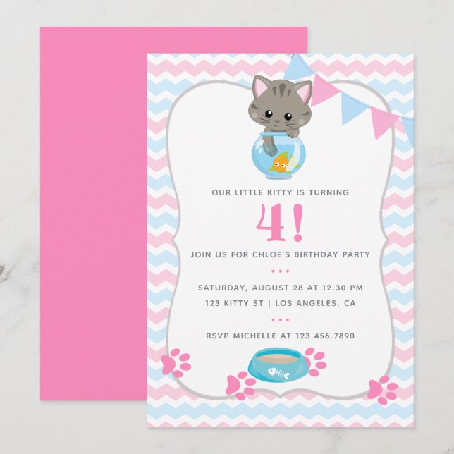 Invitation Tout âge Chat ou Kitten Anniversaire Fête Invitati (Devant / Derrière)