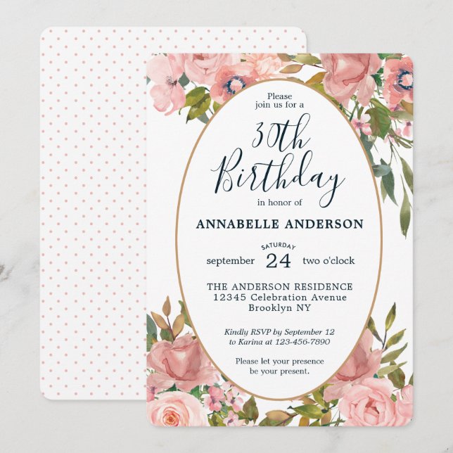 Invitation Tout âge Élégant Floral Rose Blush Or Anniversaire (Devant / Derrière)