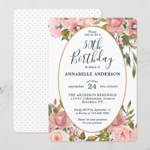 Invitation Tout âge Élégant Floral Rose Blush Or Anniversaire