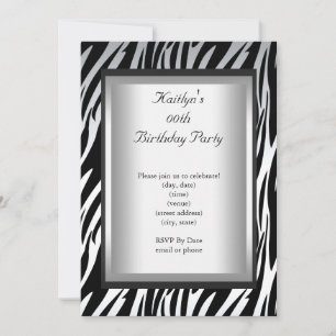 Invitation Tout âge fête Anniversaire Noir Blanc Zèbre Animal