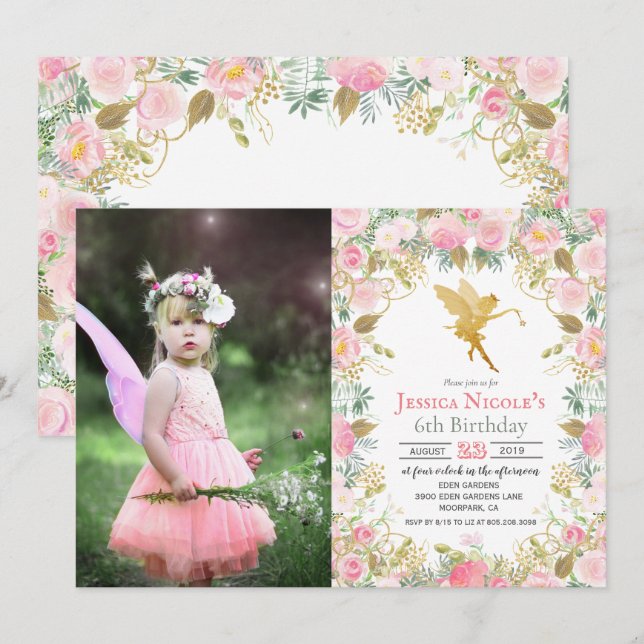 Invitation TOUT ÂGE - Floral Fairy Girl Anniversaire Invitati (Devant / Derrière)