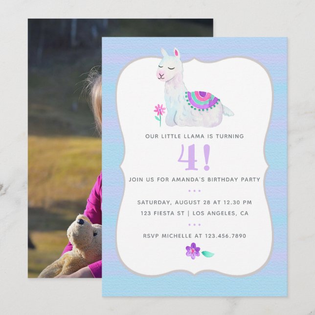 Invitation Tout âge Llama Anniversaire de enfant Party Invita (Devant / Derrière)