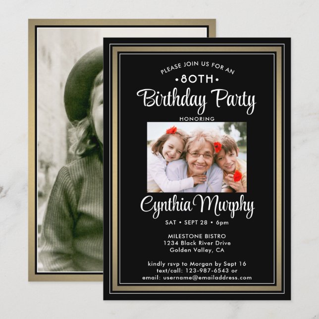 Invitation TOUT Anniversaire 2 Photo Black, White et Gold Par (Devant / Derrière)