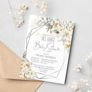 Invitation Tout blanc baby shower argenté cadre floral