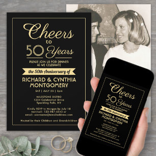 Invitation TOUT Cheers d'anniversaire Élégant Photo Noir & Or
