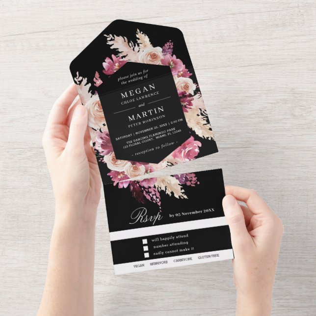 Invitation Tout Compris Mariage Bohème Noir et Ros (Déchirure)