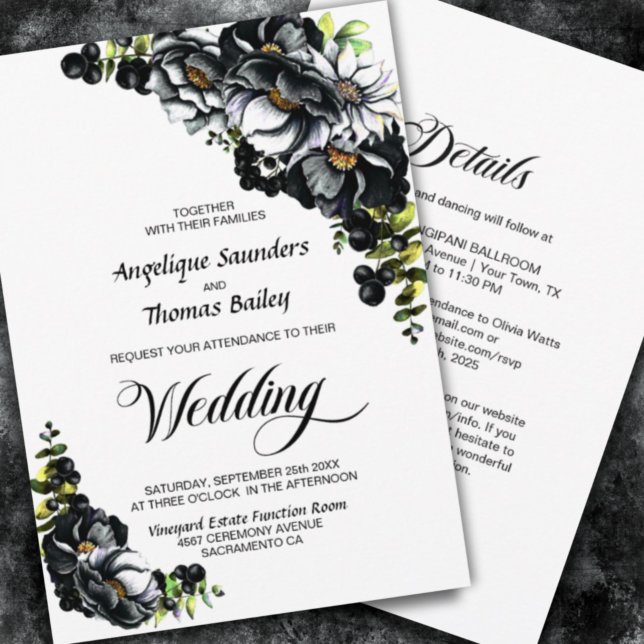 Invitation Tout dans One Moody Black Floral White Wedding (Créateur téléchargé)
