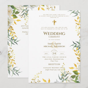Invitation Tout-en-1 Blanc Or vert Mariage catholique